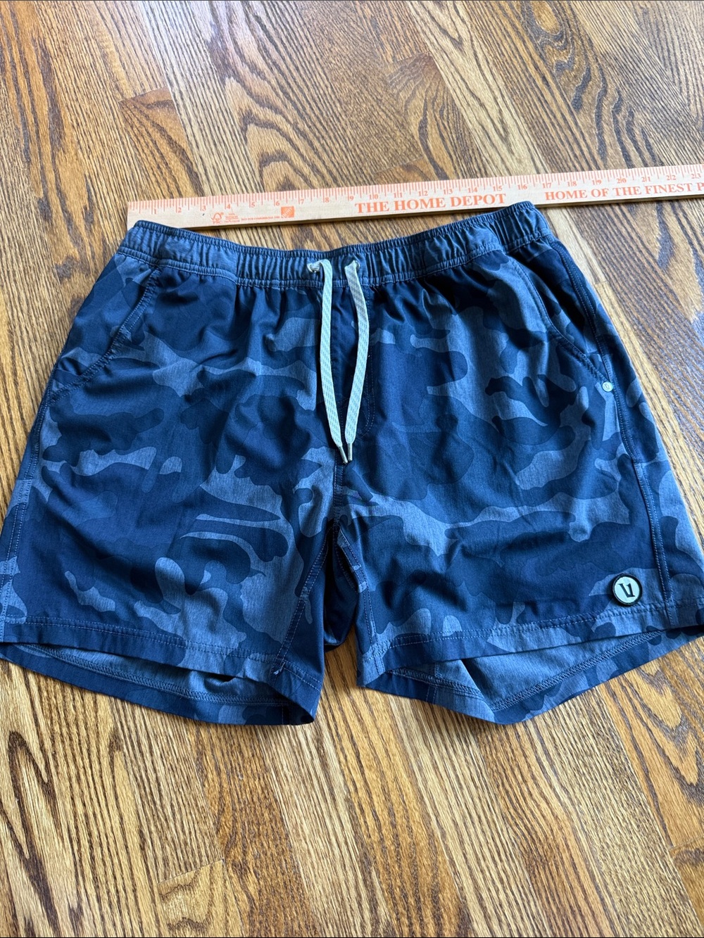 Vuori Men’s Navy Camo Swim Trunks with Light Blue Drawstring